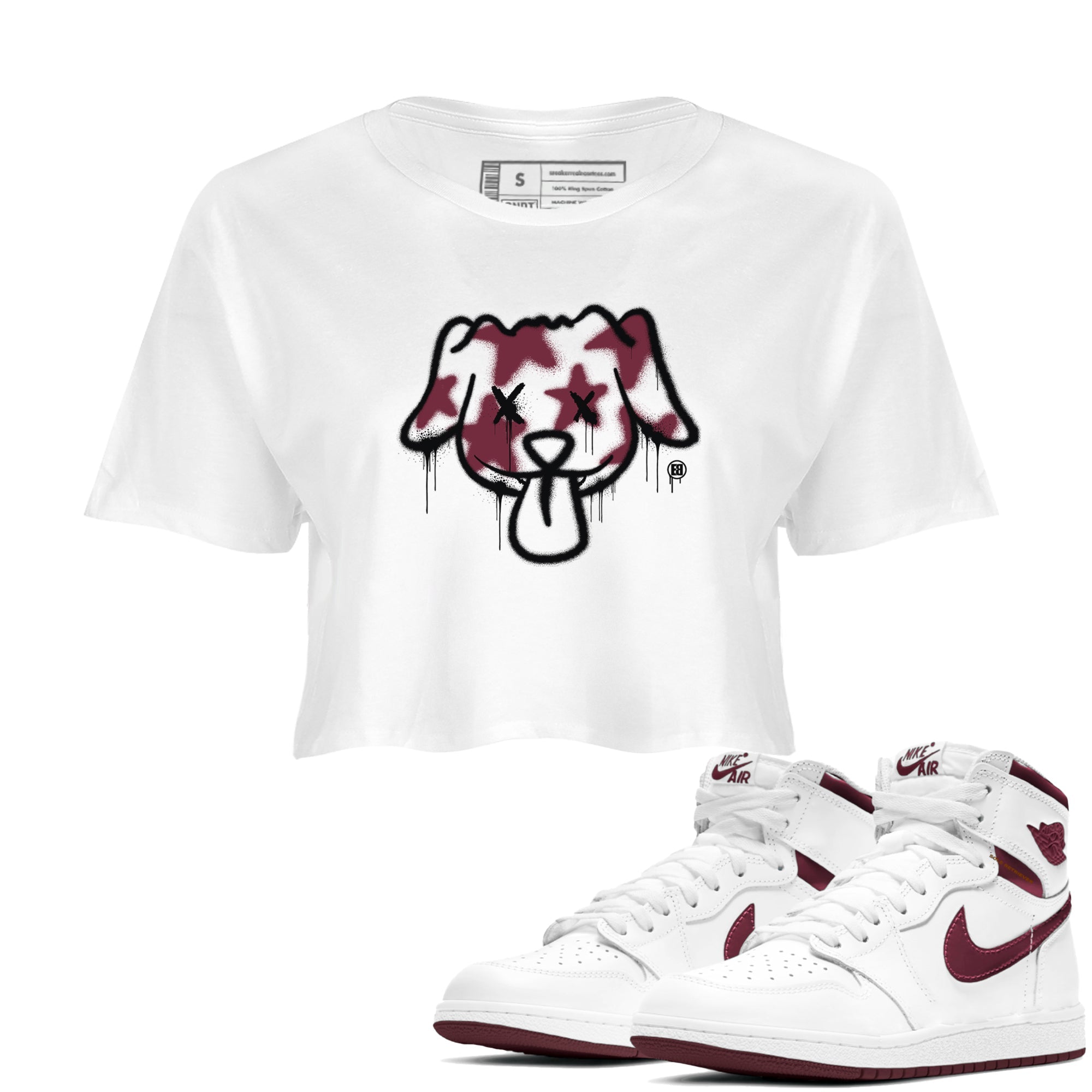 Air Jordan 1 High OG Metallic Burgundy shirts to match jordans Graffiti Dog sneaker match tees Air Jordan 1 Metallic Burgundy SNRT Sneaker Tees streetwear brand White 1 crop tee