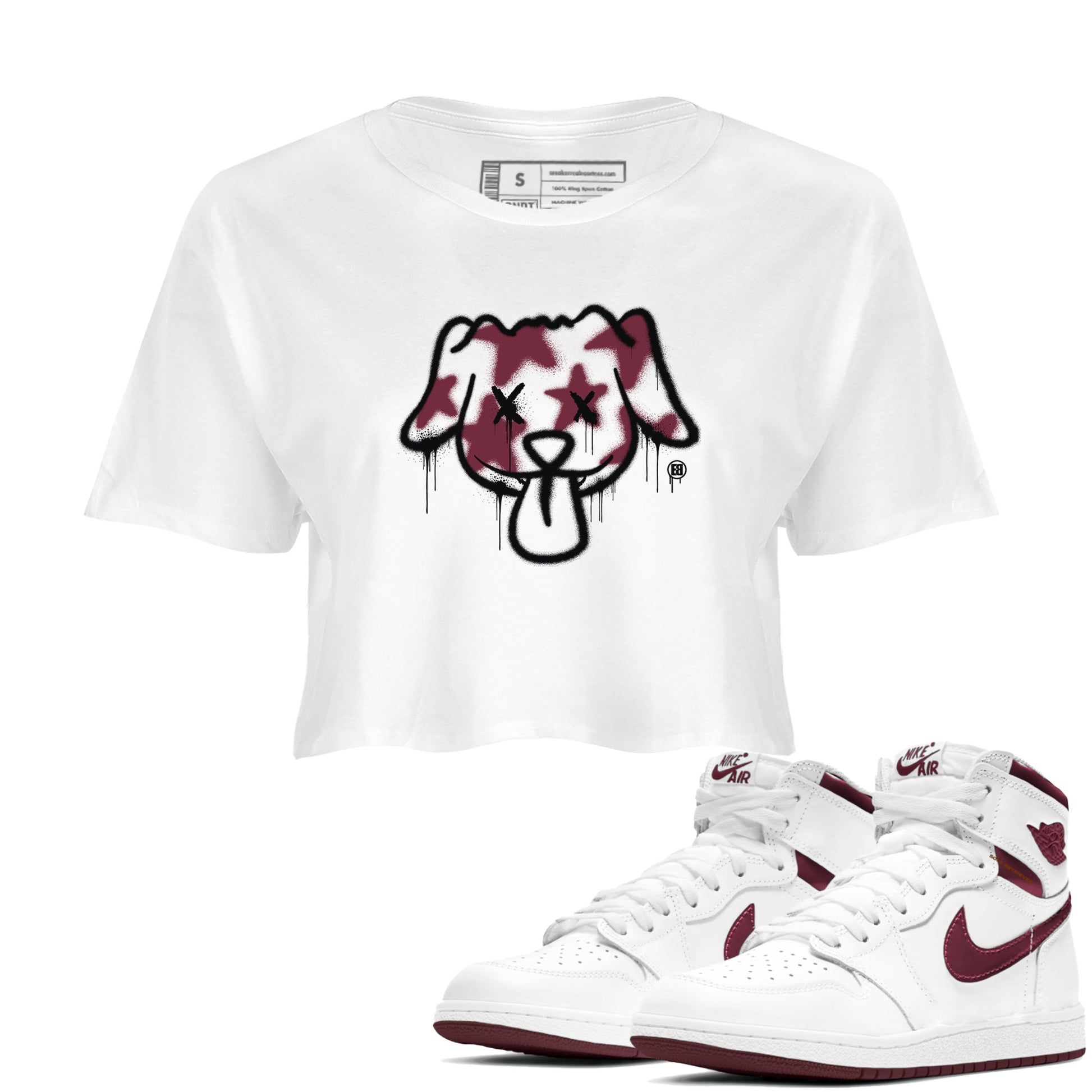 Air Jordan 1 High OG Metallic Burgundy shirts to match jordans Graffiti Dog sneaker match tees Air Jordan 1 Metallic Burgundy SNRT Sneaker Tees streetwear brand White 1 crop tee