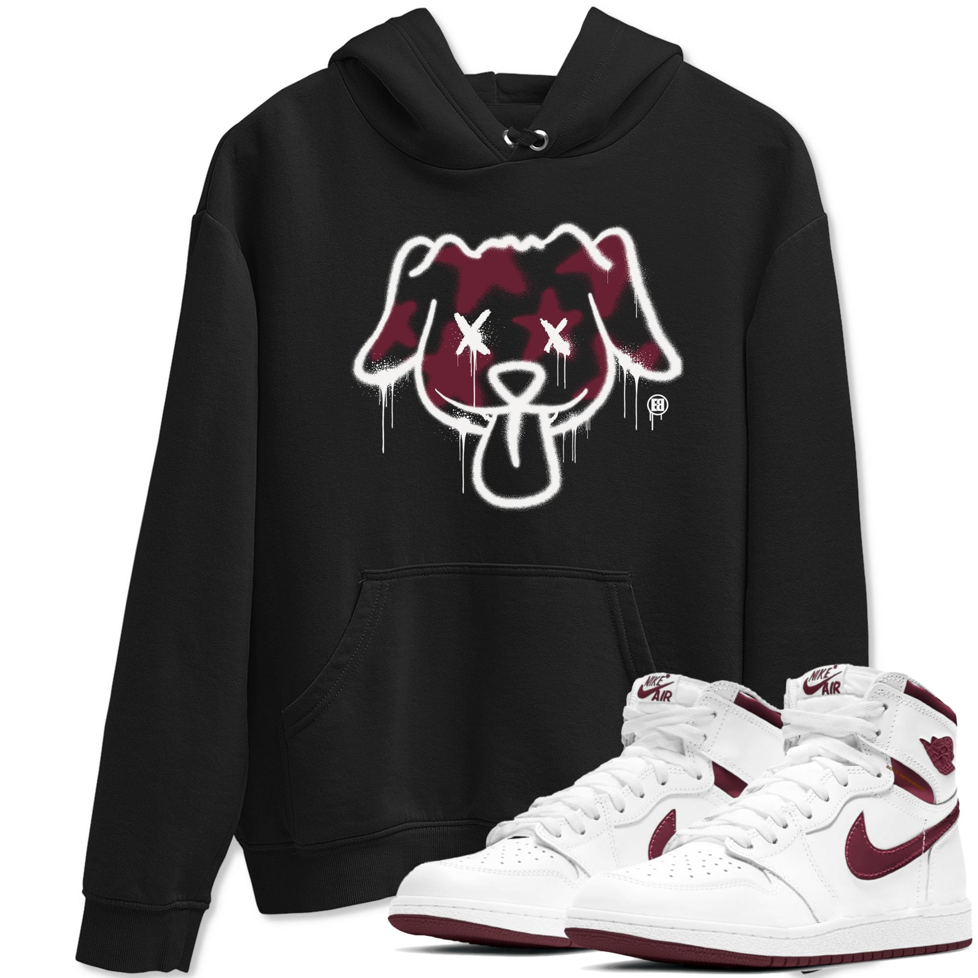Air Jordan 1 High OG Metallic Burgundy shirts to match jordans Graffiti Dog sneaker match tees Air Jordan 1 Metallic Burgundy SNRT Sneaker Tees streetwear brand Black 1 unisex cotton tee
