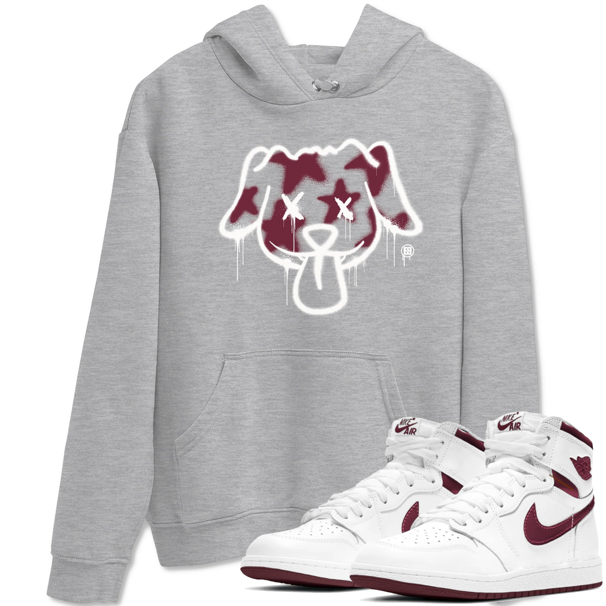 Air Jordan 1 High OG Metallic Burgundy shirts to match jordans Graffiti Dog sneaker match tees Air Jordan 1 Metallic Burgundy SNRT Sneaker Tees streetwear brand Heather Grey 1 unisex cotton tee