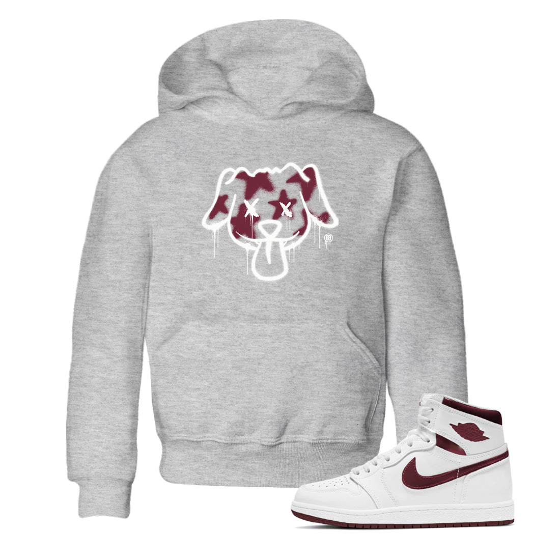 Air Jordan 1 High OG Metallic Burgundy shirts to match jordans Graffiti Dog sneaker match tees Air Jordan 1 Metallic Burgundy SNRT Sneaker Tees streetwear brand Baby and Youth Heather Grey 1 cotton tee