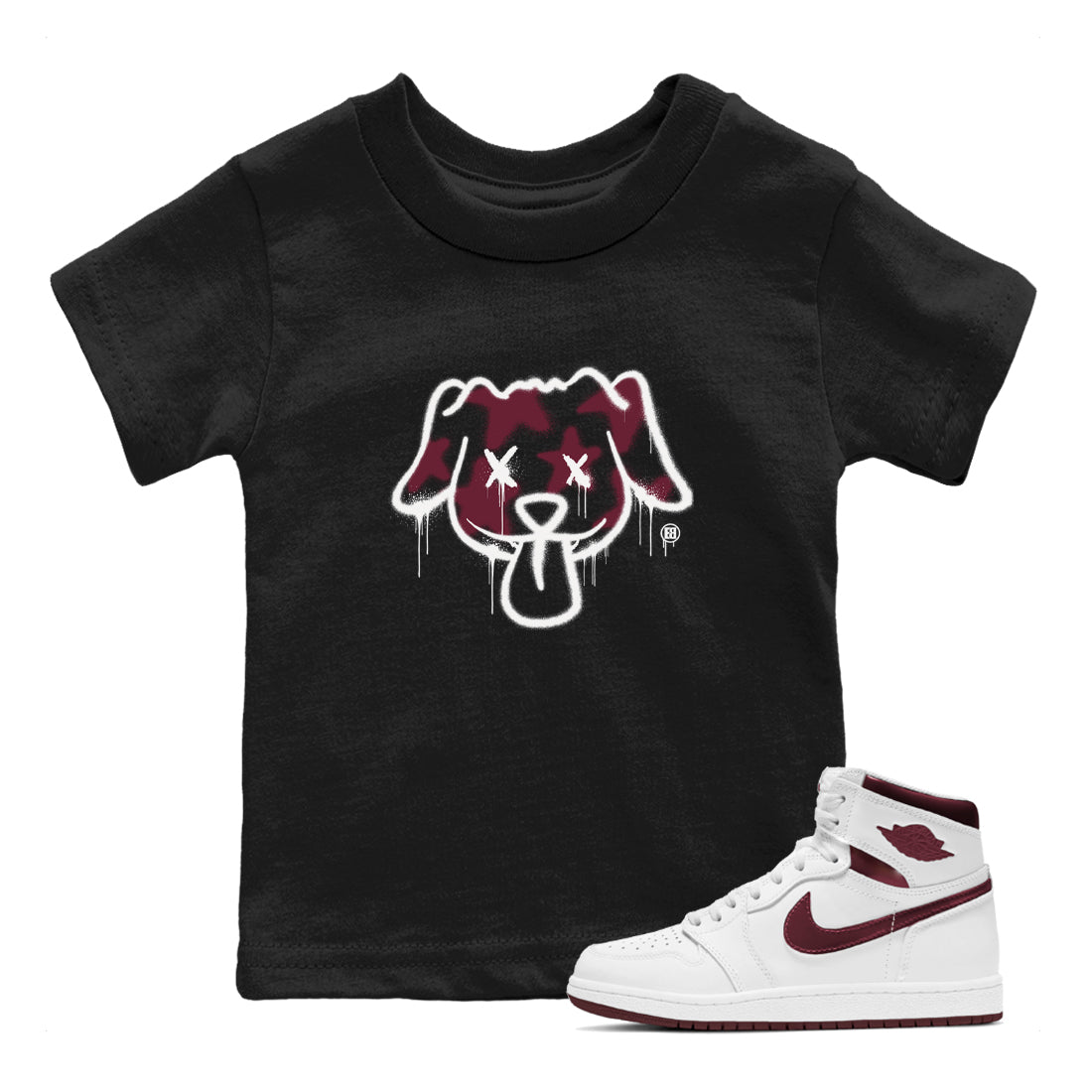 Air Jordan 1 High OG Metallic Burgundy shirts to match jordans Graffiti Dog sneaker match tees Air Jordan 1 Metallic Burgundy SNRT Sneaker Tees streetwear brand Baby and Youth Black 1 cotton tee