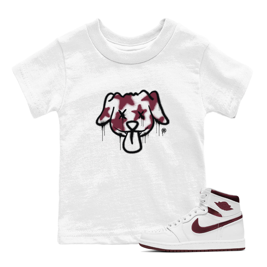 Air Jordan 1 High OG Metallic Burgundy shirts to match jordans Graffiti Dog sneaker match tees Air Jordan 1 Metallic Burgundy SNRT Sneaker Tees streetwear brand Baby and Youth White 1 cotton tee