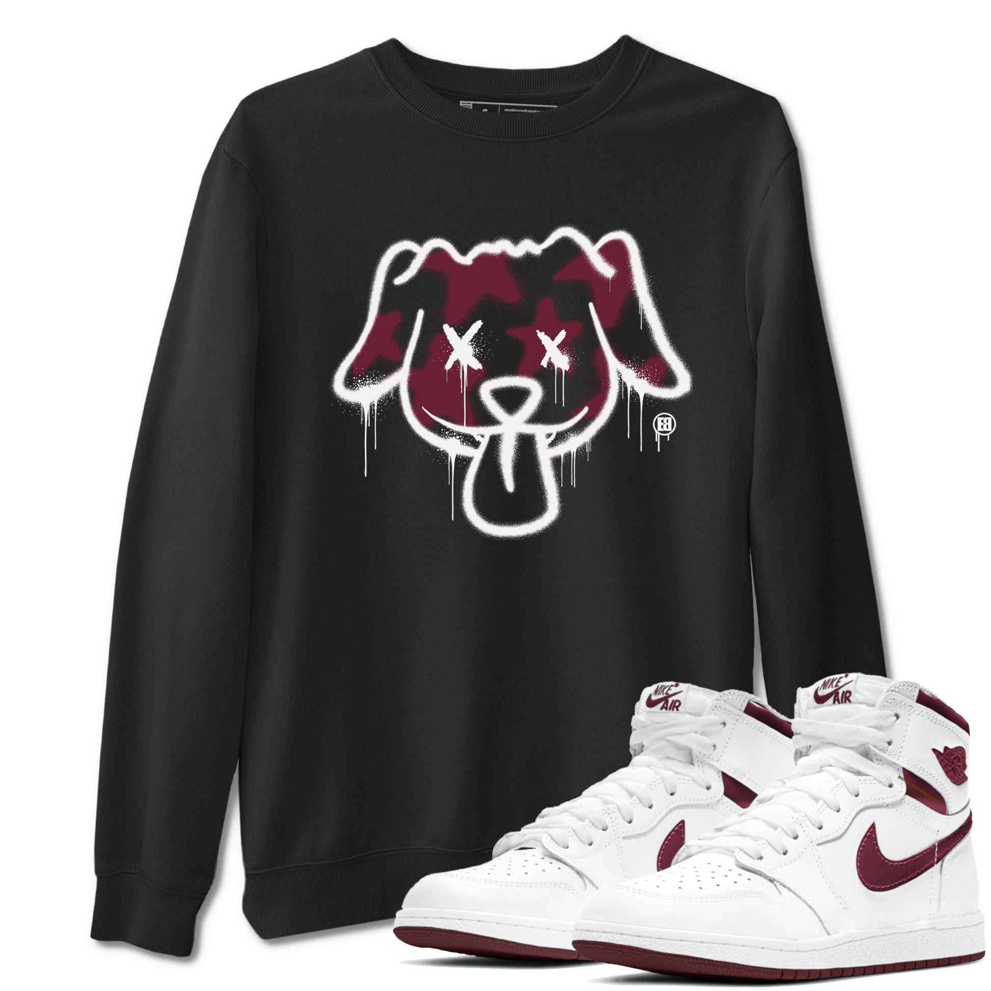 Air Jordan 1 High OG Metallic Burgundy shirts to match jordans Graffiti Dog sneaker match tees Air Jordan 1 Metallic Burgundy SNRT Sneaker Tees streetwear brand Black 1 unisex cotton tee