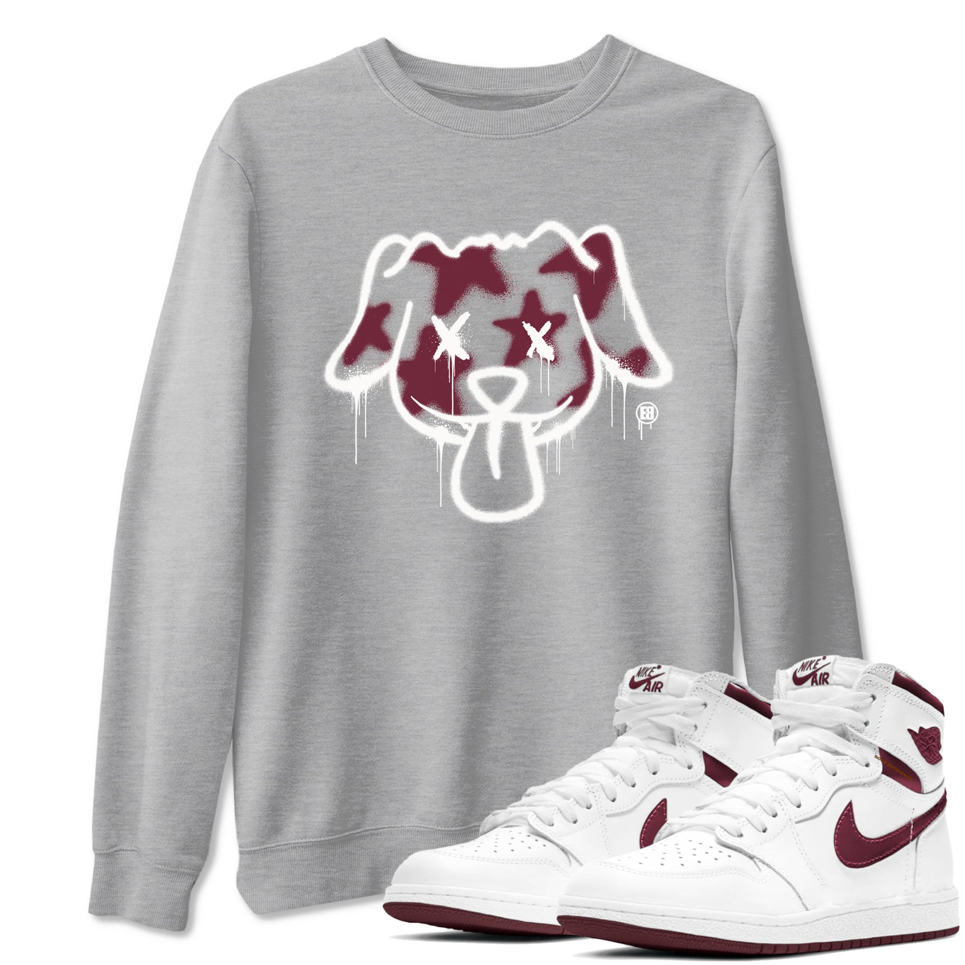 Air Jordan 1 High OG Metallic Burgundy shirts to match jordans Graffiti Dog sneaker match tees Air Jordan 1 Metallic Burgundy SNRT Sneaker Tees streetwear brand Heather Grey 1 unisex cotton tee