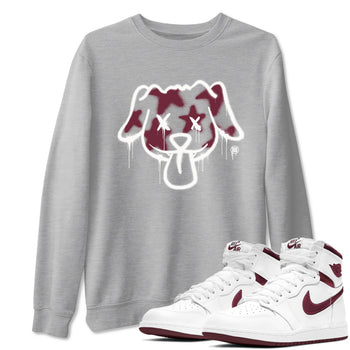 Air Jordan 1 High OG Metallic Burgundy shirts to match jordans Graffiti Dog sneaker match tees Air Jordan 1 Metallic Burgundy SNRT Sneaker Tees streetwear brand Heather Grey 1 unisex cotton tee