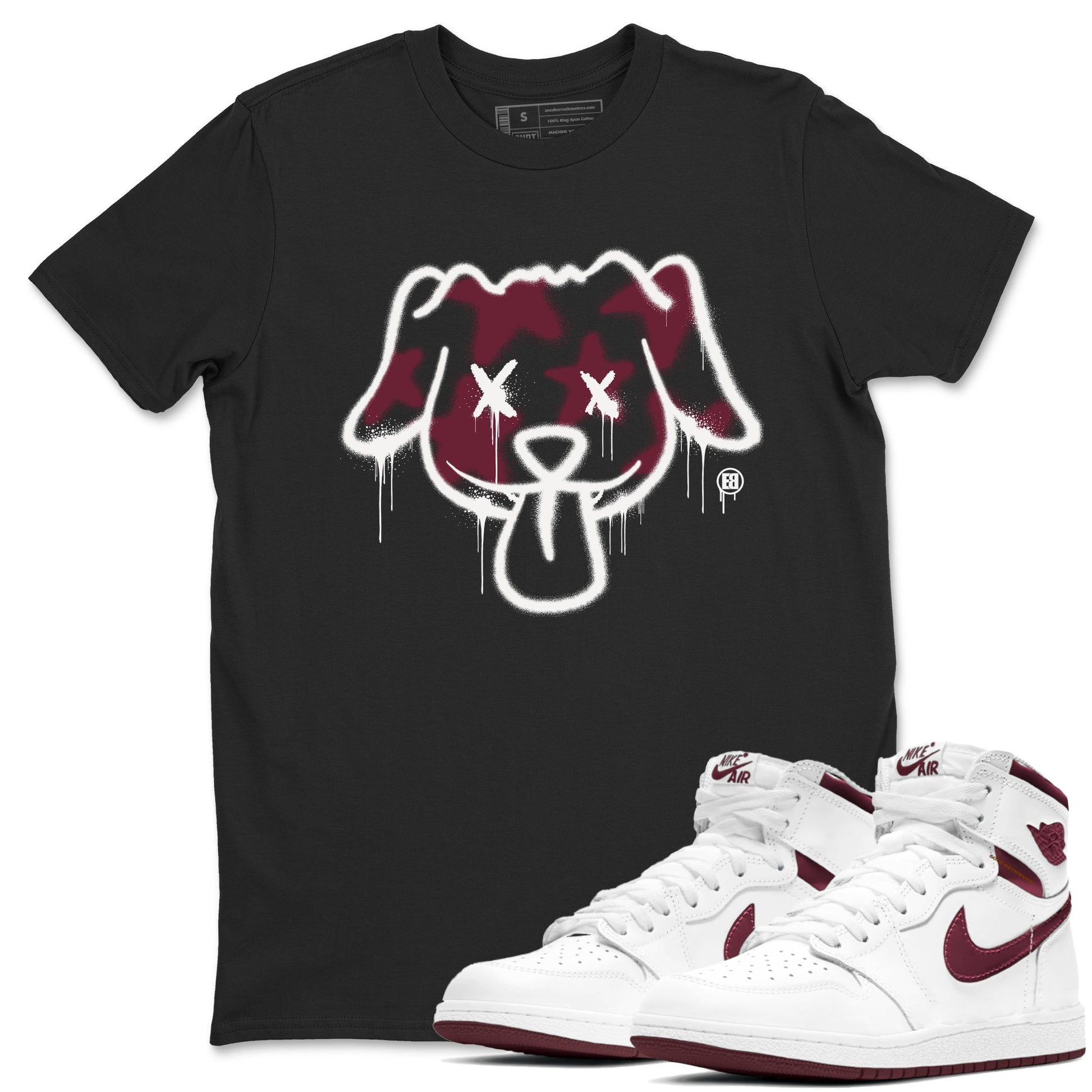 Air Jordan 1 High OG Metallic Burgundy shirts to match jordans Graffiti Dog sneaker match tees Air Jordan 1 Metallic Burgundy SNRT Sneaker Tees streetwear brand Black 1 unisex cotton tee