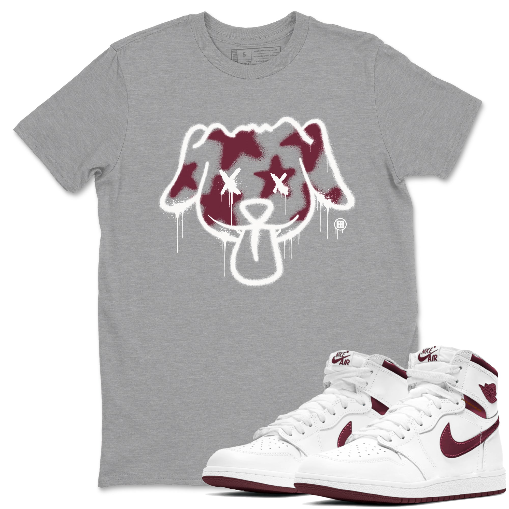Air Jordan 1 High OG Metallic Burgundy shirts to match jordans Graffiti Dog sneaker match tees Air Jordan 1 Metallic Burgundy SNRT Sneaker Tees streetwear brand Heather Grey 1 unisex cotton tee