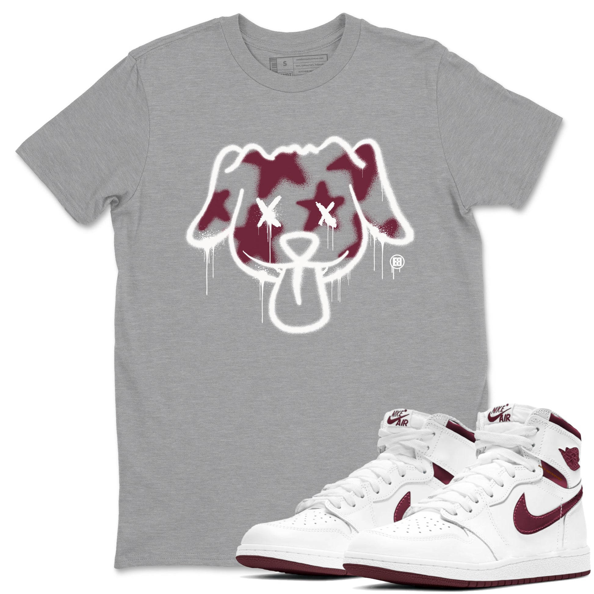 Air Jordan 1 High OG Metallic Burgundy shirts to match jordans Graffiti Dog sneaker match tees Air Jordan 1 Metallic Burgundy SNRT Sneaker Tees streetwear brand Heather Grey 1 unisex cotton tee