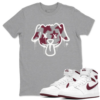 Air Jordan 1 High OG Metallic Burgundy shirts to match jordans Graffiti Dog sneaker match tees Air Jordan 1 Metallic Burgundy SNRT Sneaker Tees streetwear brand Heather Grey 1 unisex cotton tee