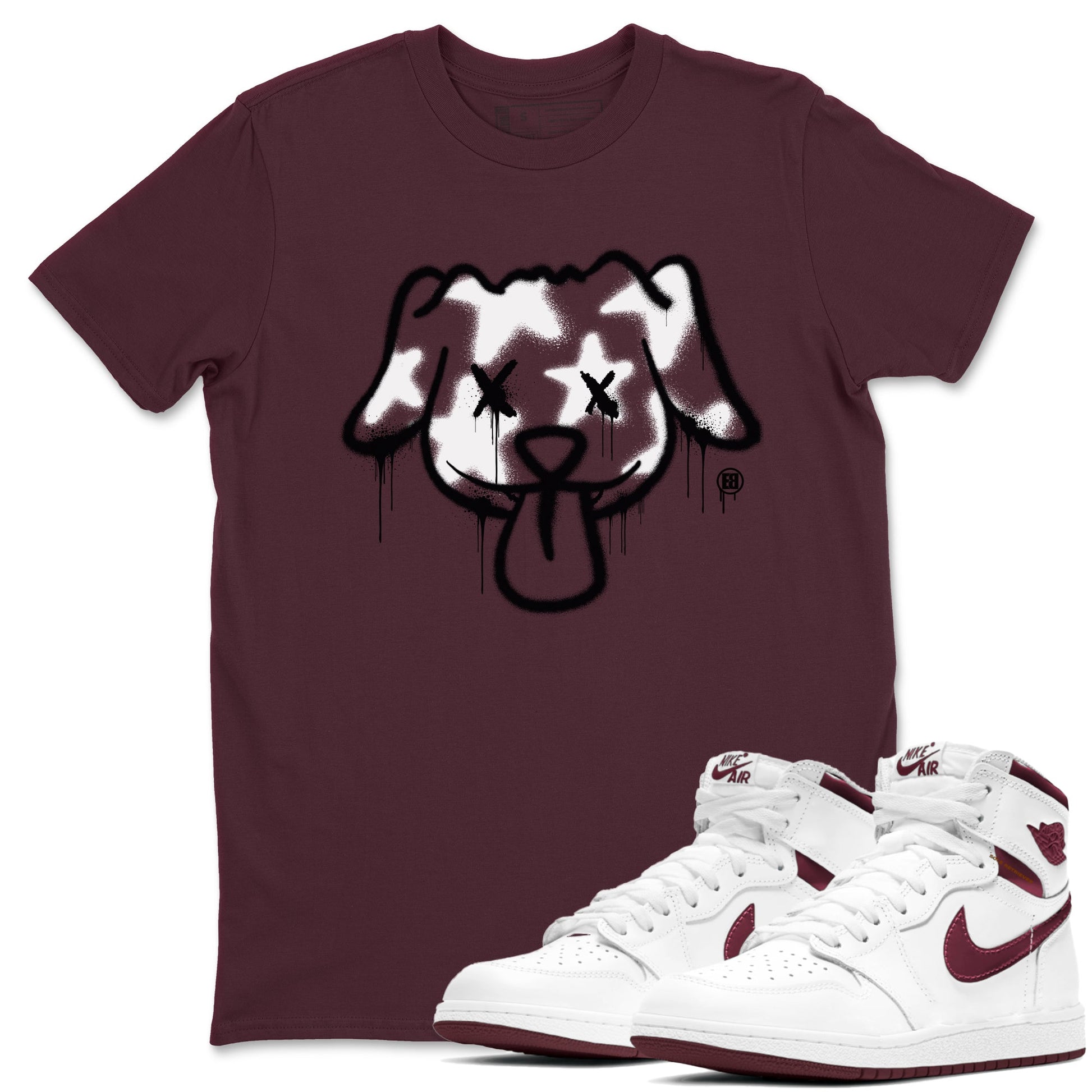 Air Jordan 1 High OG Metallic Burgundy shirts to match jordans Graffiti Dog sneaker match tees Air Jordan 1 Metallic Burgundy SNRT Sneaker Tees streetwear brand Maroon 1 unisex cotton tee