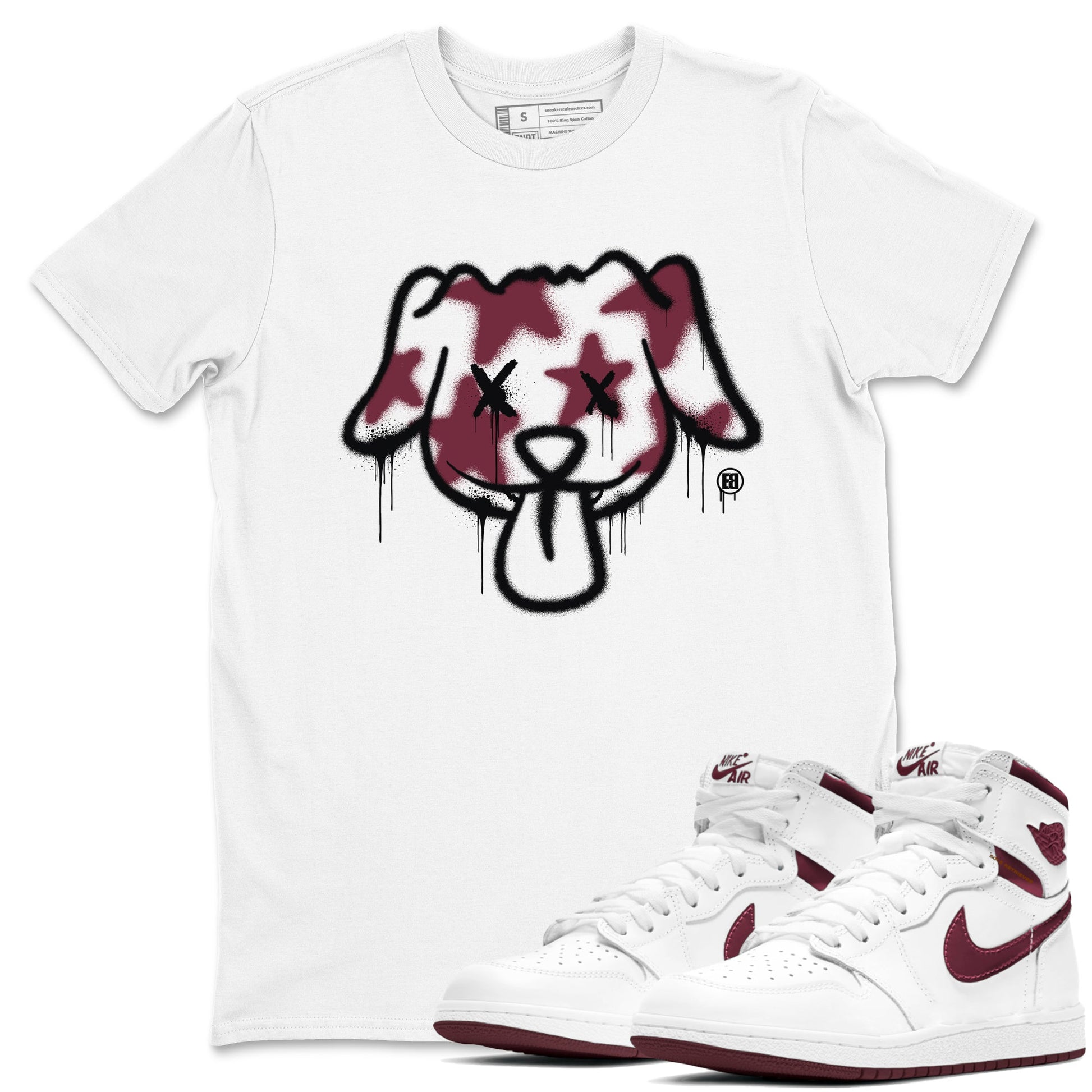 Air Jordan 1 High OG Metallic Burgundy shirts to match jordans Graffiti Dog sneaker match tees Air Jordan 1 Metallic Burgundy SNRT Sneaker Tees streetwear brand White 1 unisex cotton tee