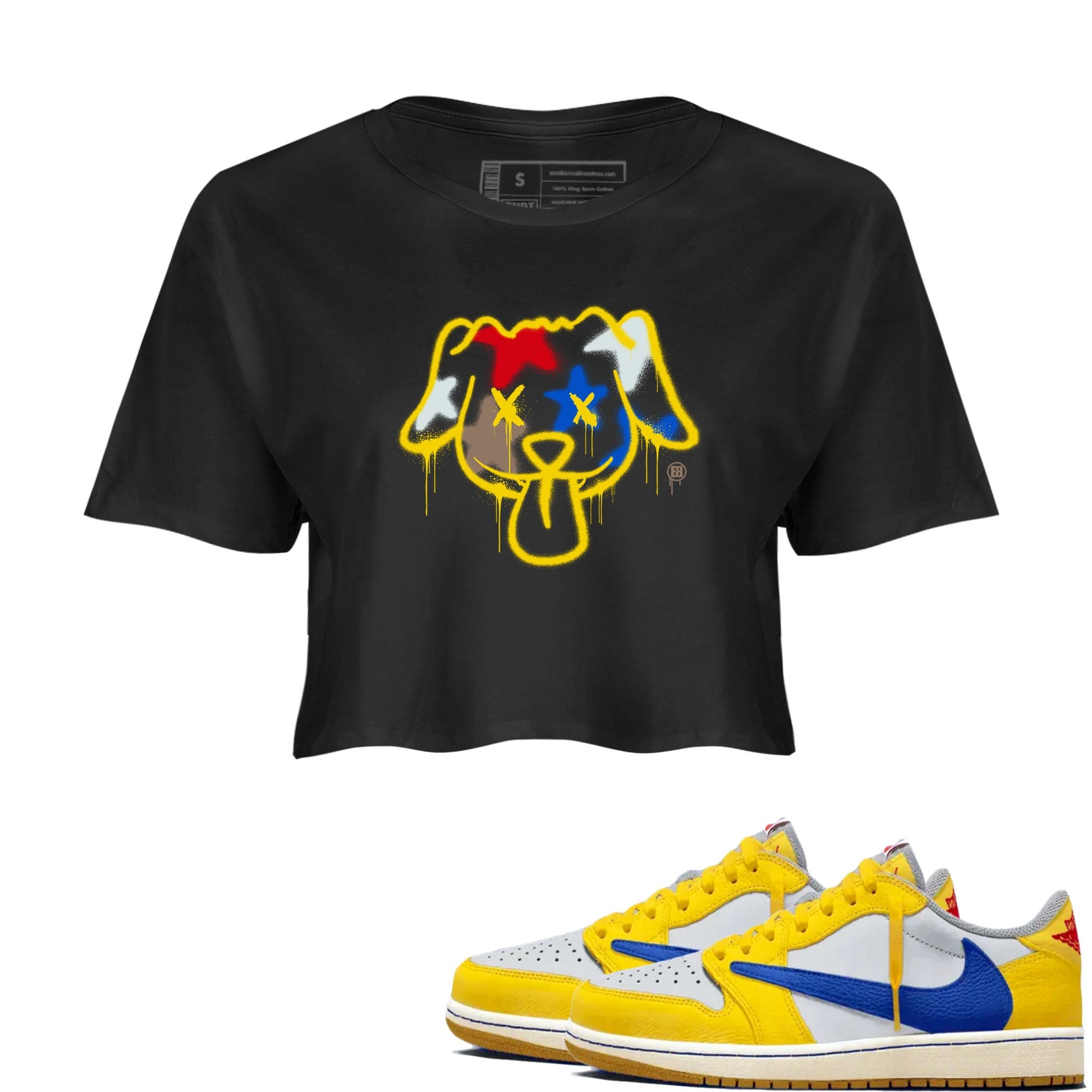 AJ1 Travis Scott Canary shirt to match jordans Graffiti Dog sneaker tees Air Jordan 1 Travis Scott Canary SNRT Sneaker Release Tees Black 1 crop length shirt