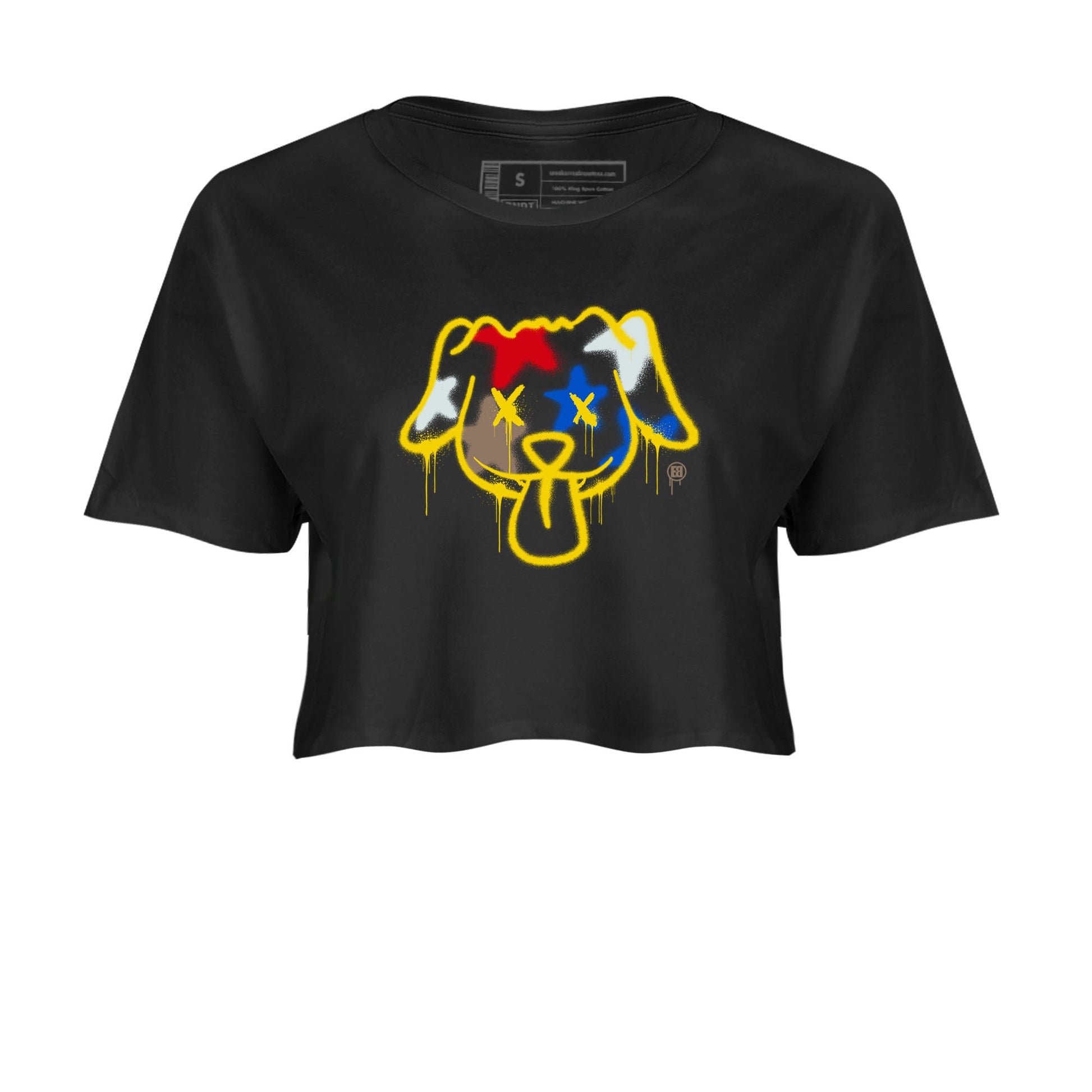 AJ1 Travis Scott Canary shirt to match jordans Graffiti Dog sneaker tees Air Jordan 1 Travis Scott Canary SNRT Sneaker Release Tees Black 2 crop length shirt
