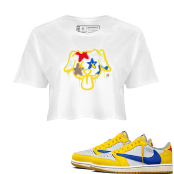 AJ1 Travis Scott Canary shirt to match jordans Graffiti Dog sneaker tees Air Jordan 1 Travis Scott Canary SNRT Sneaker Release Tees White 1 crop length shirt