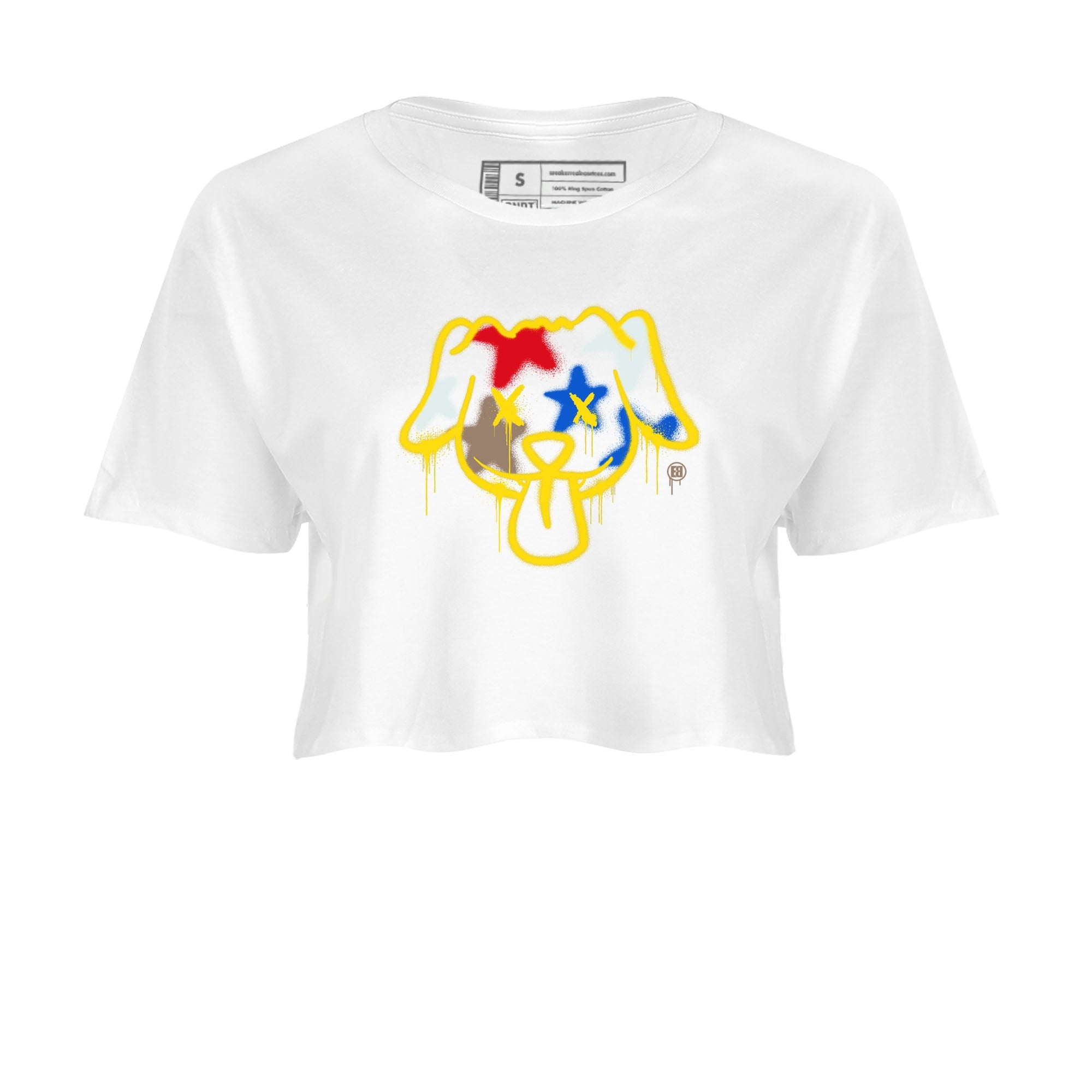 AJ1 Travis Scott Canary shirt to match jordans Graffiti Dog sneaker tees Air Jordan 1 Travis Scott Canary SNRT Sneaker Release Tees White 2 crop length shirt