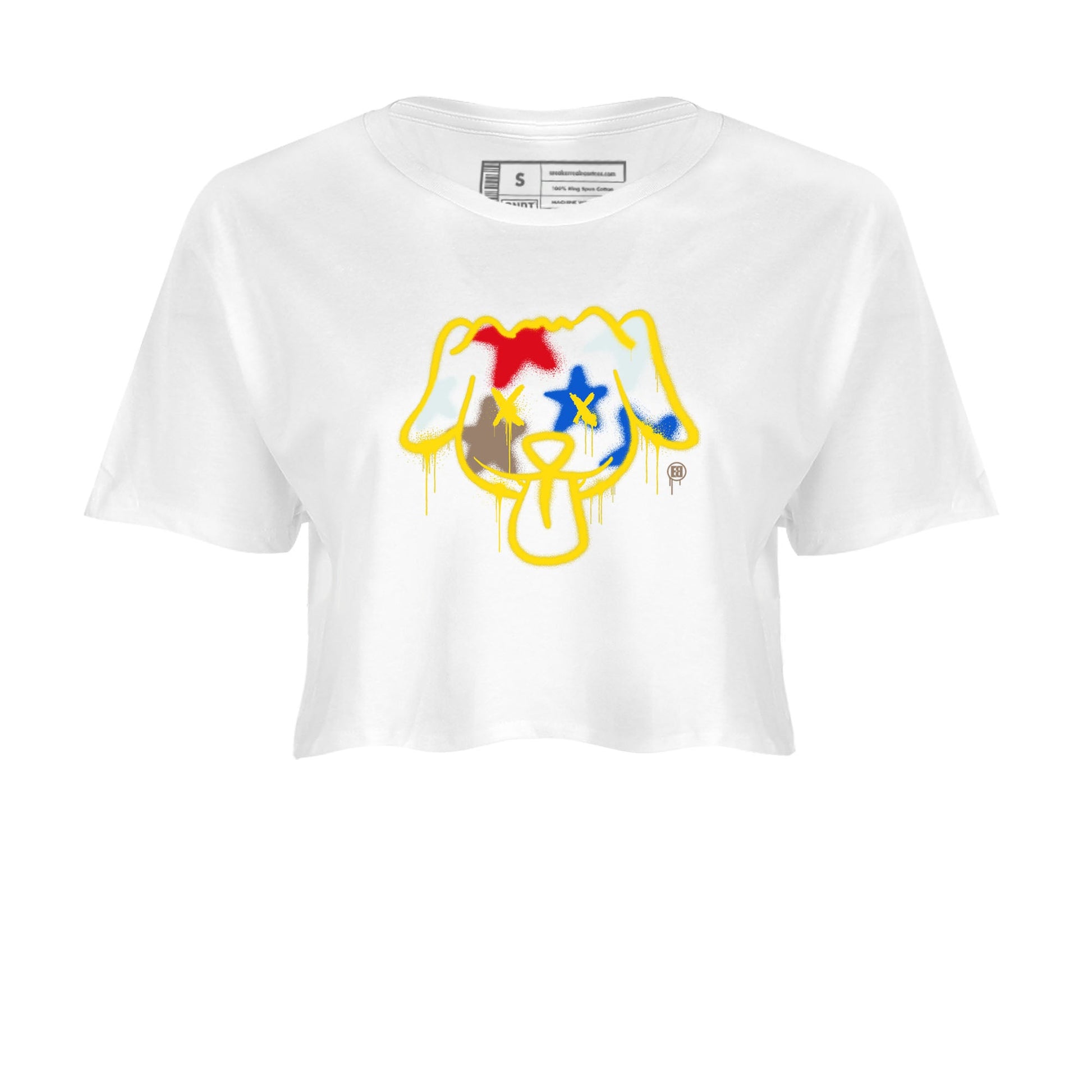 AJ1 Travis Scott Canary shirt to match jordans Graffiti Dog sneaker tees Air Jordan 1 Travis Scott Canary SNRT Sneaker Release Tees White 2 crop length shirt