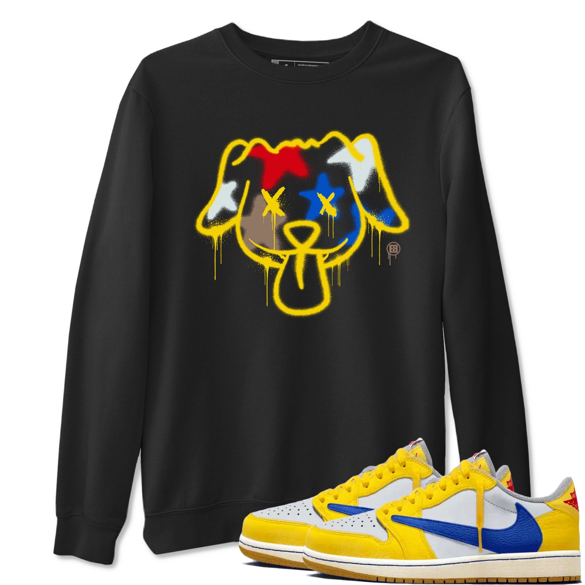 AJ1 Travis Scott Canary shirt to match jordans Graffiti Dog sneaker tees Air Jordan 1 Travis Scott Canary SNRT Sneaker Release Tees unisex cotton Black 1 crew neck shirt