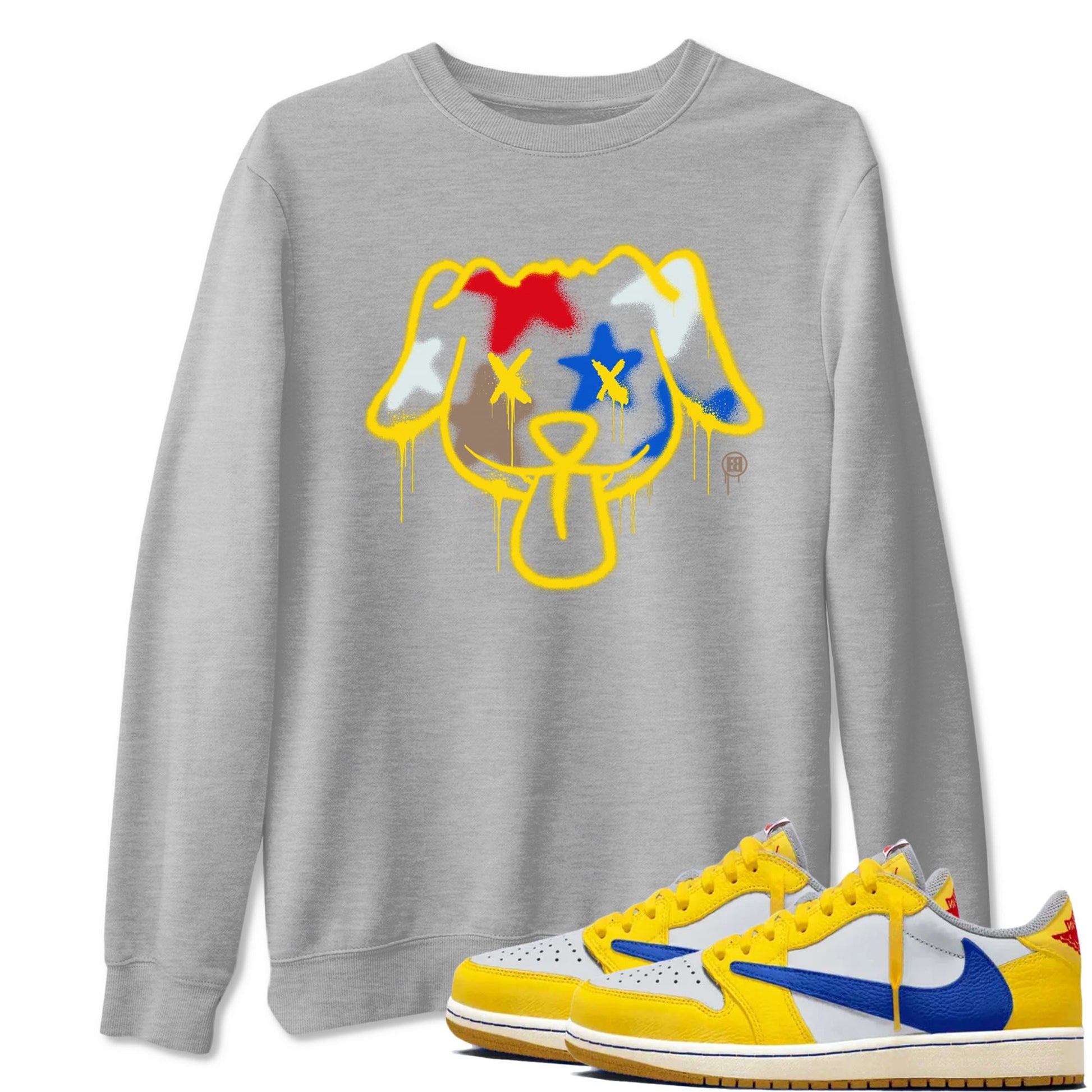 AJ1 Travis Scott Canary shirt to match jordans Graffiti Dog sneaker tees Air Jordan 1 Travis Scott Canary SNRT Sneaker Release Tees unisex cotton Heather Grey 1 crew neck shirt