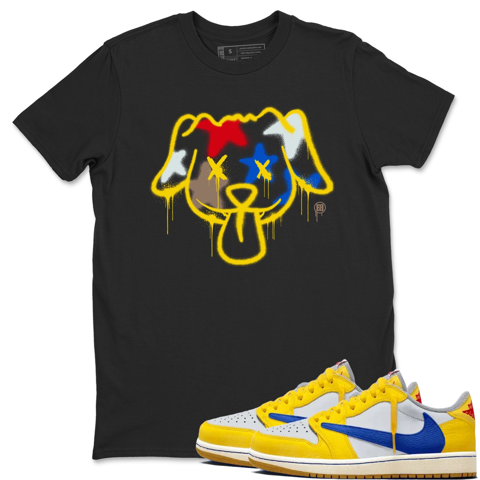 AJ1 Travis Scott Canary shirt to match jordans Graffiti Dog sneaker tees Air Jordan 1 Travis Scott Canary SNRT Sneaker Release Tees unisex cotton Black 1 crew neck shirt