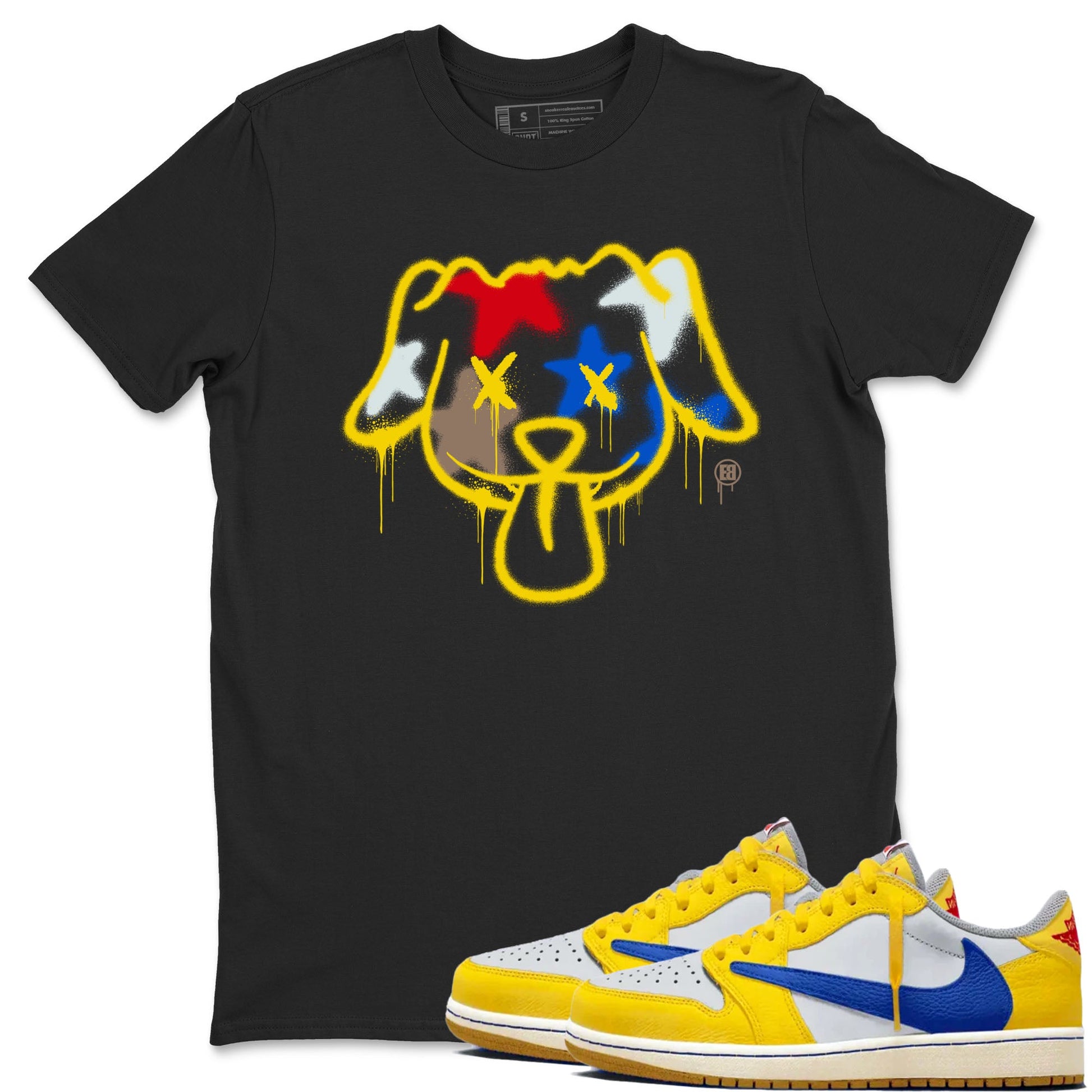 AJ1 Travis Scott Canary shirt to match jordans Graffiti Dog sneaker tees Air Jordan 1 Travis Scott Canary SNRT Sneaker Release Tees unisex cotton Black 1 crew neck shirt