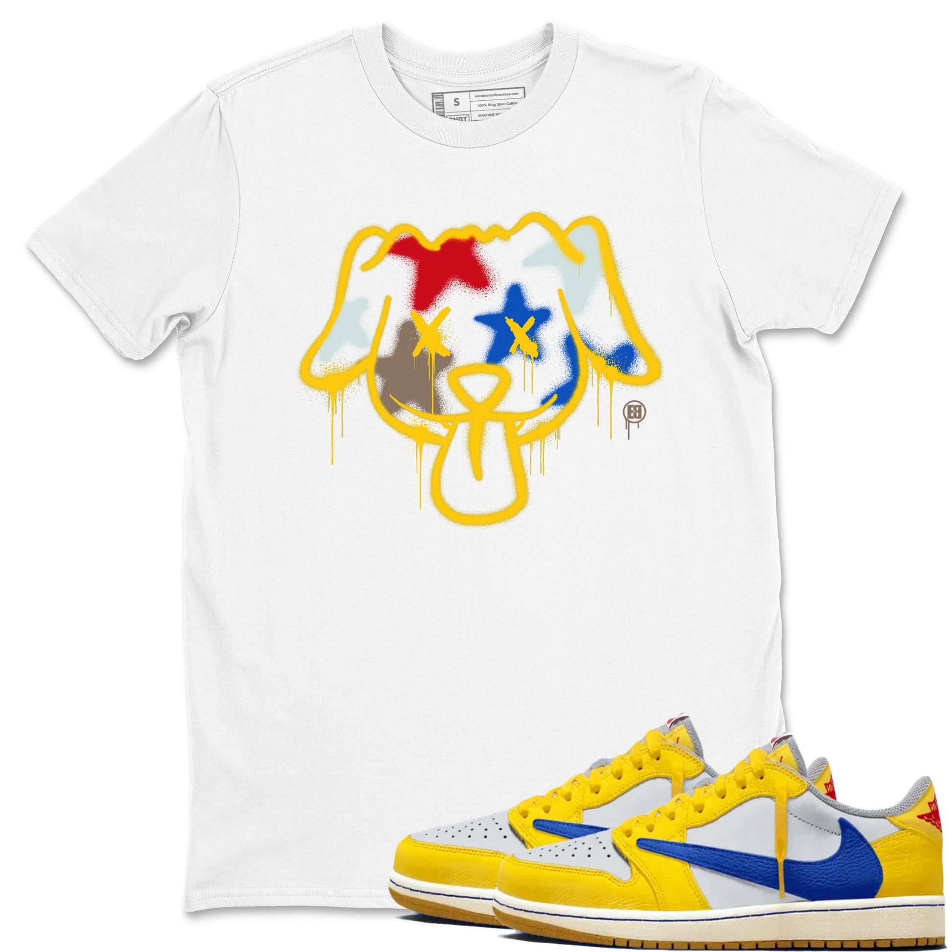 AJ1 Travis Scott Canary shirt to match jordans Graffiti Dog sneaker tees Air Jordan 1 Travis Scott Canary SNRT Sneaker Release Tees unisex cotton White 1 crew neck shirt