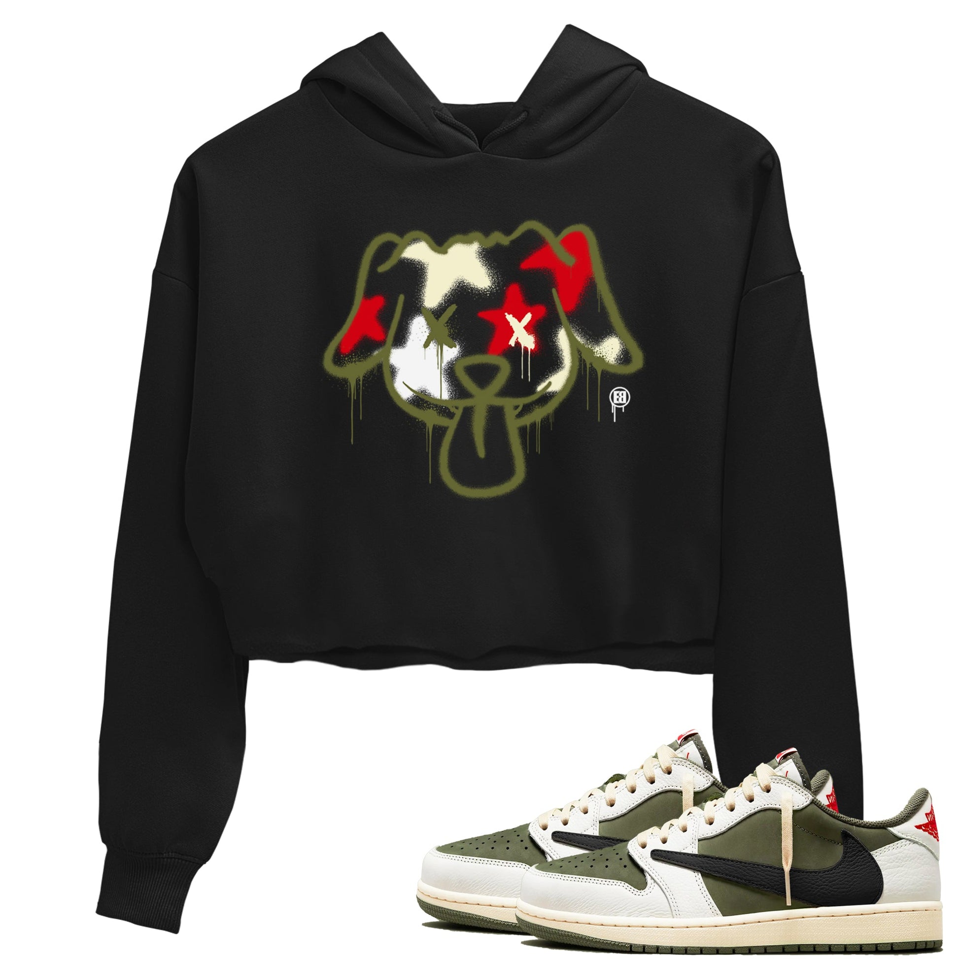 1s Travis Scott Medium Olive shirts to match jordans Graffiti Dog sneaker match tees Air Jordan 1 Travis Scott Medium Olive SNRT Sneaker Tees streetwear brand Black 1 crop tee