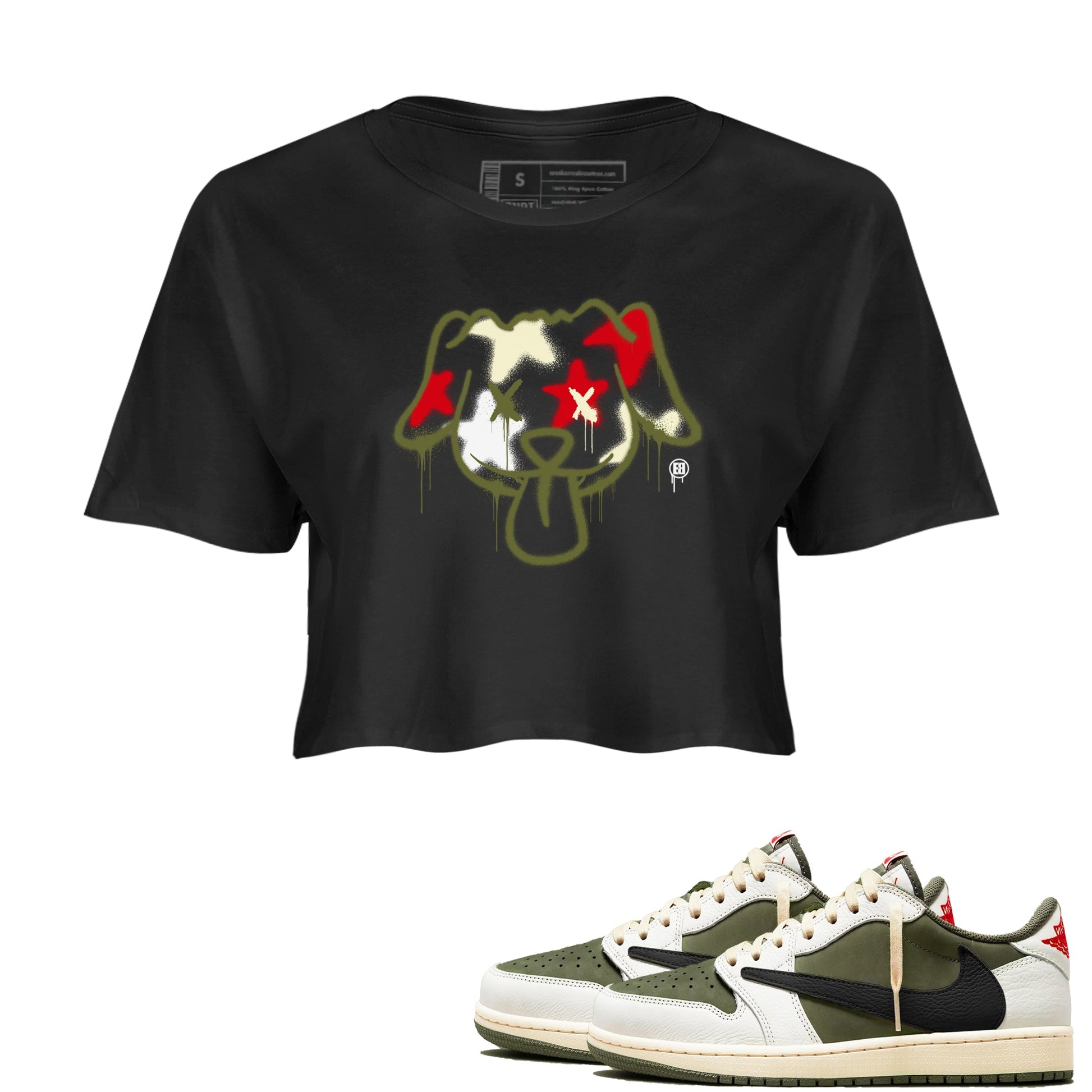 1s Travis Scott Medium Olive shirts to match jordans Graffiti Dog sneaker match tees Air Jordan 1 Travis Scott Medium Olive SNRT Sneaker Tees streetwear brand Black 1 crop tee
