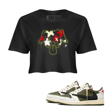 1s Travis Scott Medium Olive shirts to match jordans Graffiti Dog sneaker match tees Air Jordan 1 Travis Scott Medium Olive SNRT Sneaker Tees streetwear brand Black 1 crop tee