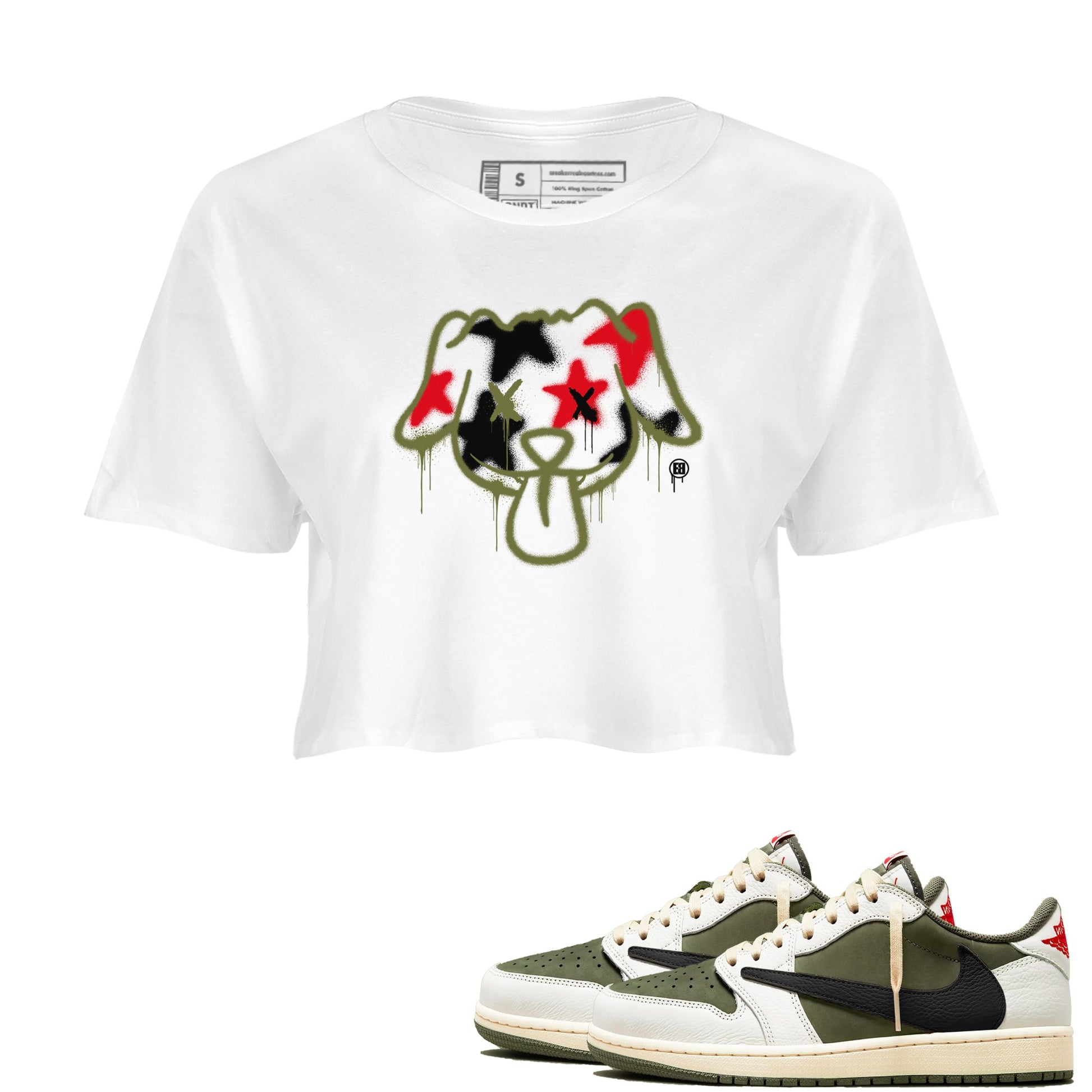 1s Travis Scott Medium Olive shirts to match jordans Graffiti Dog sneaker match tees Air Jordan 1 Travis Scott Medium Olive SNRT Sneaker Tees streetwear brand White 1 crop tee