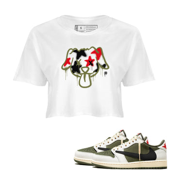1s Travis Scott Medium Olive shirts to match jordans Graffiti Dog sneaker match tees Air Jordan 1 Travis Scott Medium Olive SNRT Sneaker Tees streetwear brand White 1 crop tee