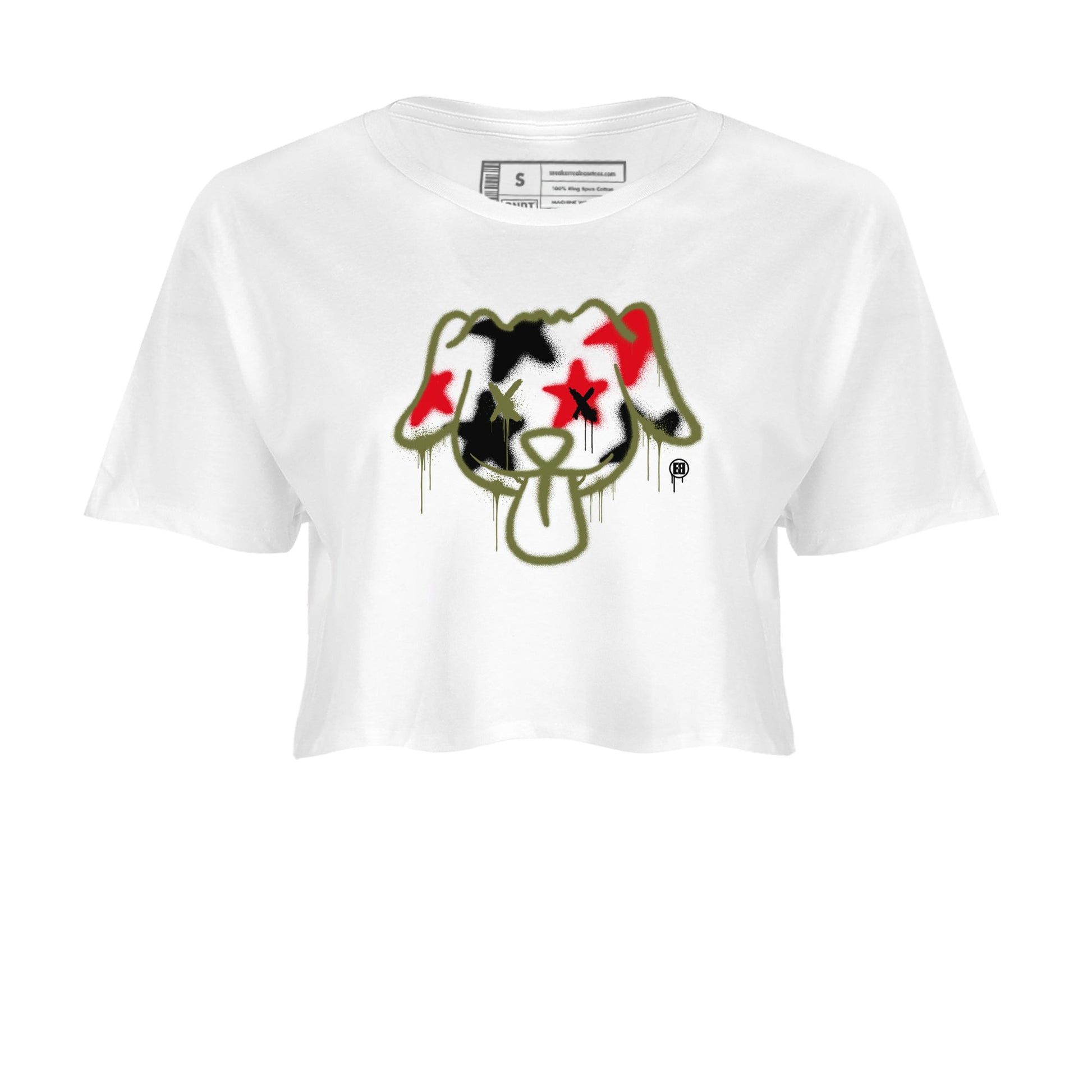 1s Travis Scott Medium Olive shirts to match jordans Graffiti Dog sneaker match tees Air Jordan 1 Travis Scott Medium Olive SNRT Sneaker Tees streetwear brand White 2 crop tee