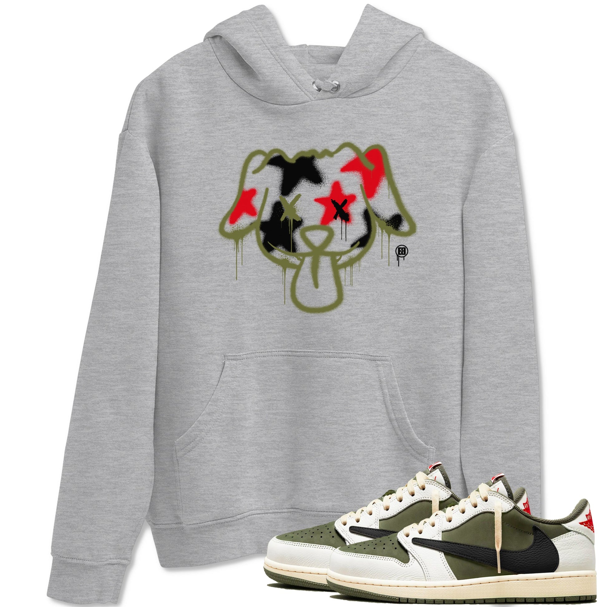 1s Travis Scott Medium Olive shirts to match jordans Graffiti Dog sneaker match tees Air Jordan 1 Travis Scott Medium Olive SNRT Sneaker Tees streetwear brand Heather Grey 1 unisex cotton tee