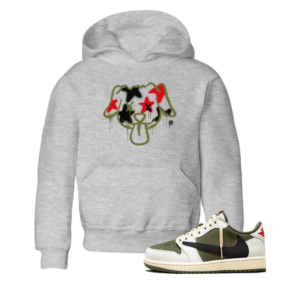 1s Travis Scott Medium Olive shirts to match jordans Graffiti Dog sneaker match tees Air Jordan 1 Travis Scott Medium Olive SNRT Sneaker Tees streetwear brand Baby and Youth Heather Grey 1 cotton tee