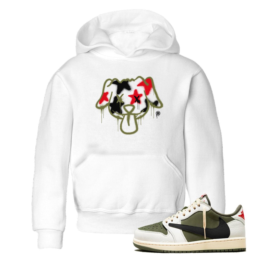 1s Travis Scott Medium Olive shirts to match jordans Graffiti Dog sneaker match tees Air Jordan 1 Travis Scott Medium Olive SNRT Sneaker Tees streetwear brand Baby and Youth White 1 cotton tee