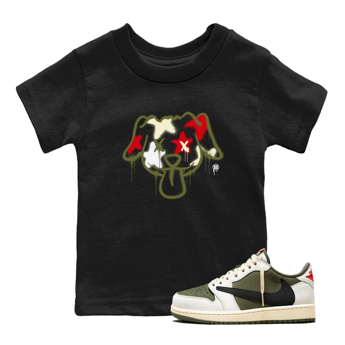 1s Travis Scott Medium Olive shirts to match jordans Graffiti Dog sneaker match tees Air Jordan 1 Travis Scott Medium Olive SNRT Sneaker Tees streetwear brand Baby and Youth Black 1 cotton tee