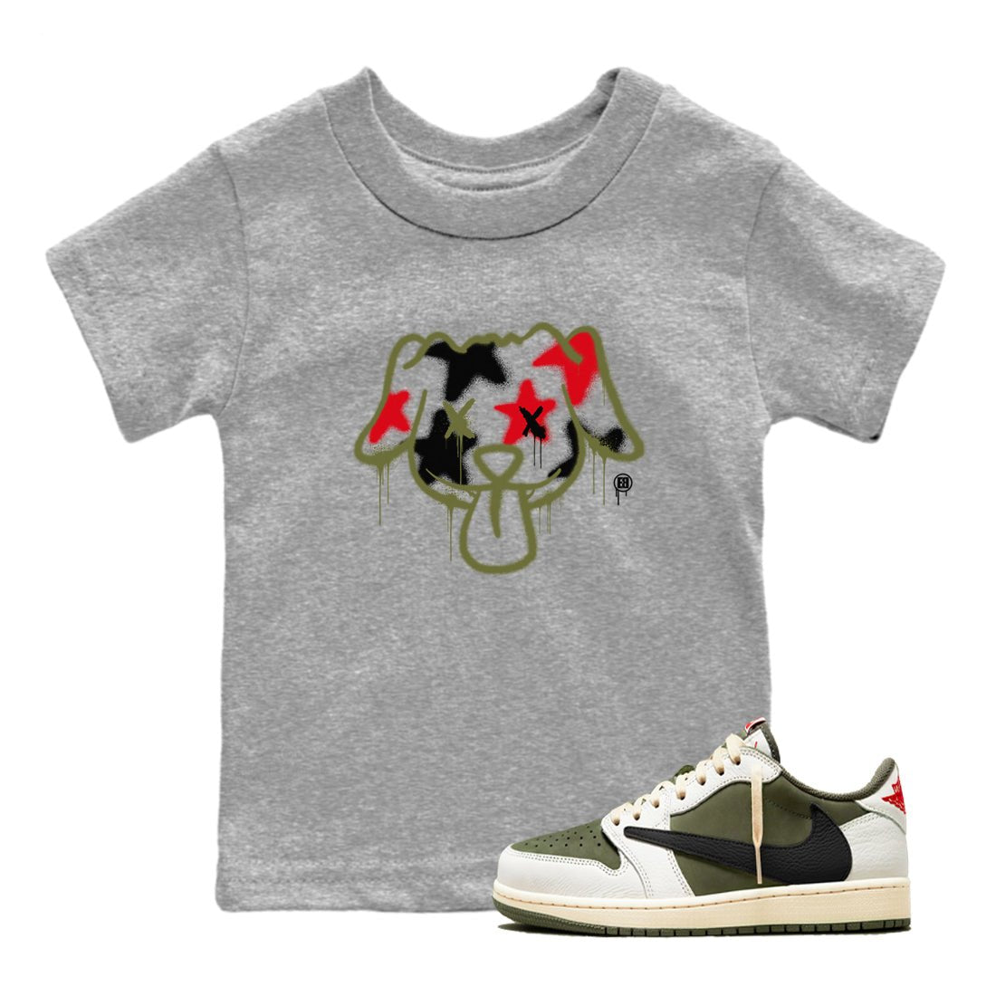 1s Travis Scott Medium Olive shirts to match jordans Graffiti Dog sneaker match tees Air Jordan 1 Travis Scott Medium Olive SNRT Sneaker Tees streetwear brand Baby and Youth Heather Grey 1 cotton tee