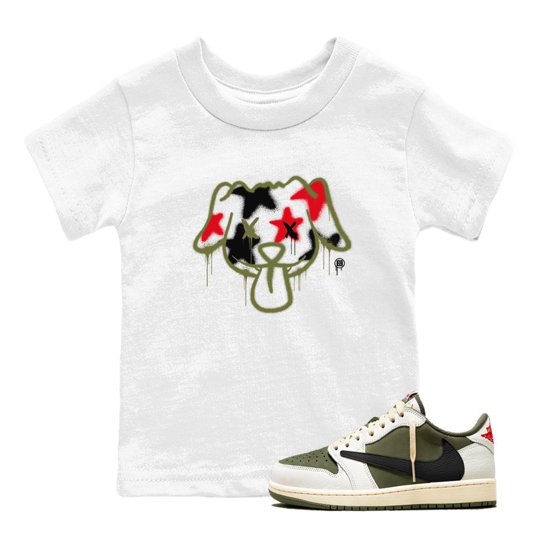 1s Travis Scott Medium Olive shirts to match jordans Graffiti Dog sneaker match tees Air Jordan 1 Travis Scott Medium Olive SNRT Sneaker Tees streetwear brand Baby and Youth White 1 cotton tee