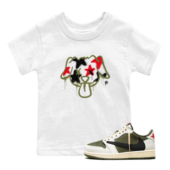 1s Travis Scott Medium Olive shirts to match jordans Graffiti Dog sneaker match tees Air Jordan 1 Travis Scott Medium Olive SNRT Sneaker Tees streetwear brand Baby and Youth White 1 cotton tee