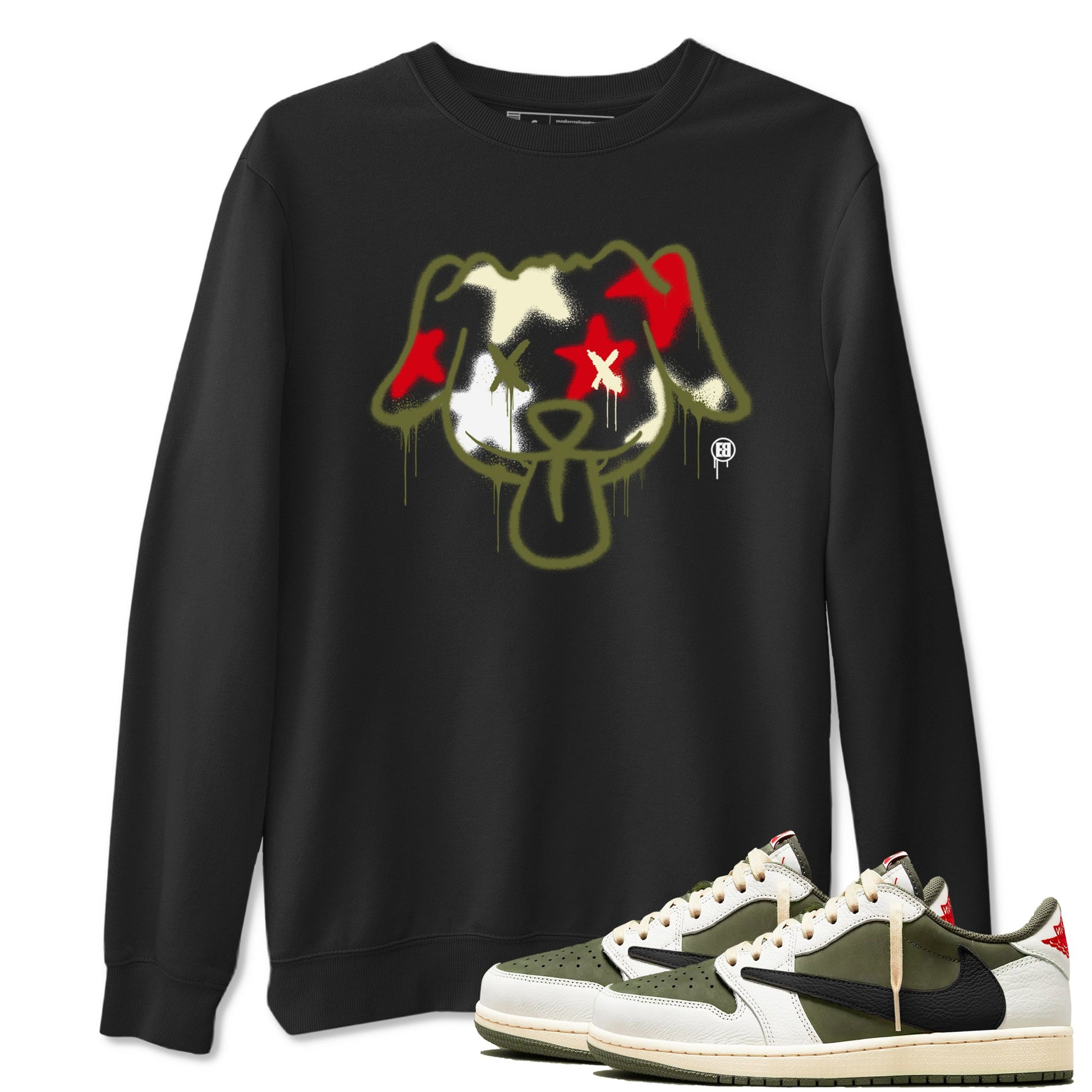 1s Travis Scott Medium Olive shirts to match jordans Graffiti Dog sneaker match tees Air Jordan 1 Travis Scott Medium Olive SNRT Sneaker Tees streetwear brand Black 1 unisex cotton tee