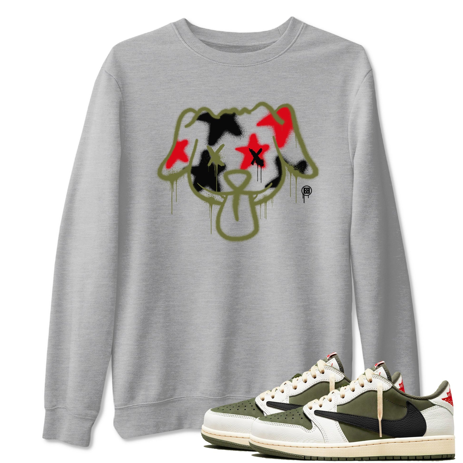1s Travis Scott Medium Olive shirts to match jordans Graffiti Dog sneaker match tees Air Jordan 1 Travis Scott Medium Olive SNRT Sneaker Tees streetwear brand Heather Grey 1 unisex cotton tee