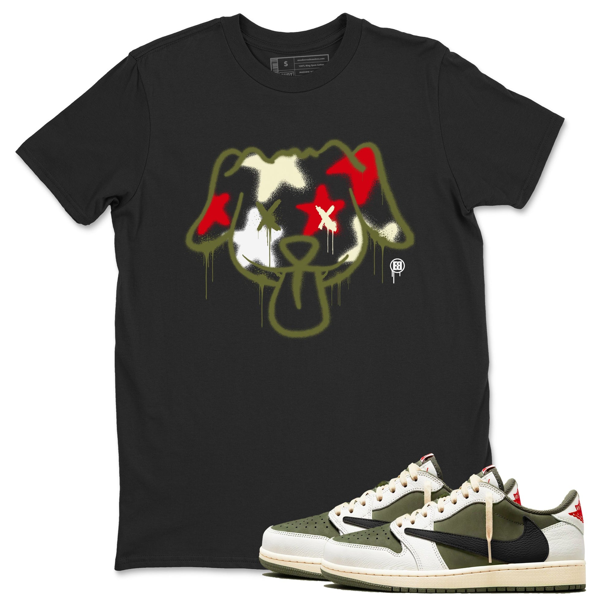 1s Travis Scott Medium Olive shirts to match jordans Graffiti Dog sneaker match tees Air Jordan 1 Travis Scott Medium Olive SNRT Sneaker Tees streetwear brand Black 1 unisex cotton tee