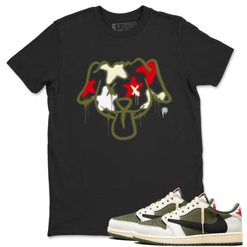 1s Travis Scott Medium Olive shirts to match jordans Graffiti Dog sneaker match tees Air Jordan 1 Travis Scott Medium Olive SNRT Sneaker Tees streetwear brand Black 1 unisex cotton tee