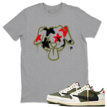 1s Travis Scott Medium Olive shirts to match jordans Graffiti Dog sneaker match tees Air Jordan 1 Travis Scott Medium Olive SNRT Sneaker Tees streetwear brand Heather Grey 1 unisex cotton tee