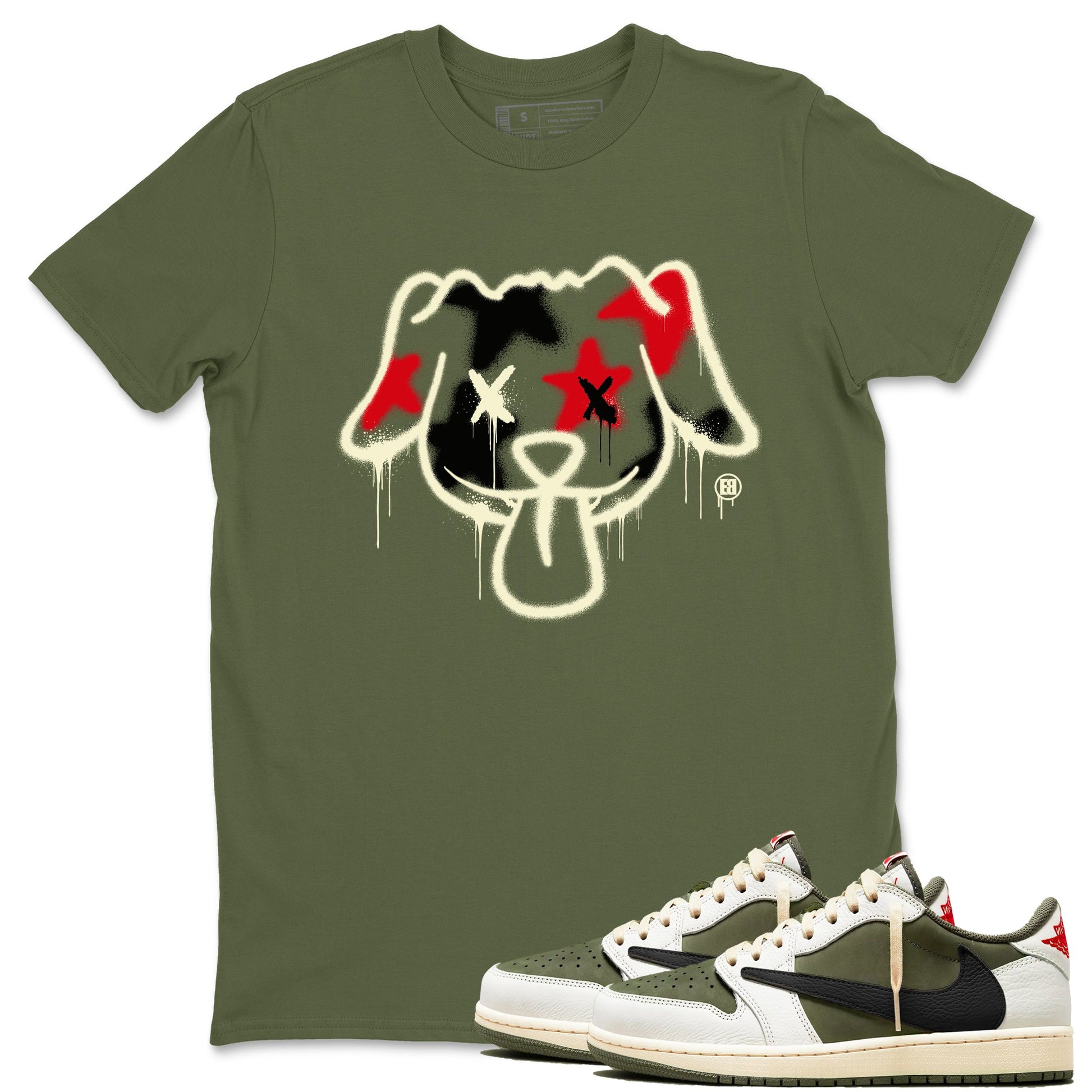1s Travis Scott Medium Olive shirts to match jordans Graffiti Dog sneaker match tees Air Jordan 1 Travis Scott Medium Olive SNRT Sneaker Tees streetwear brand Military Green 1 unisex cotton tee