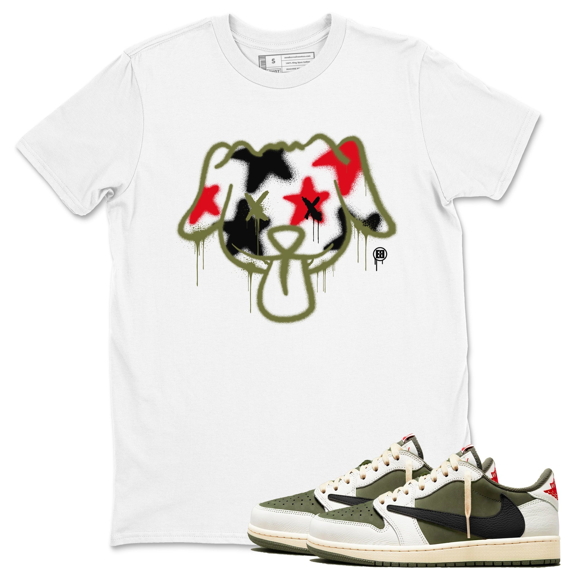 1s Travis Scott Medium Olive shirts to match jordans Graffiti Dog sneaker match tees Air Jordan 1 Travis Scott Medium Olive SNRT Sneaker Tees streetwear brand White 1 unisex cotton tee