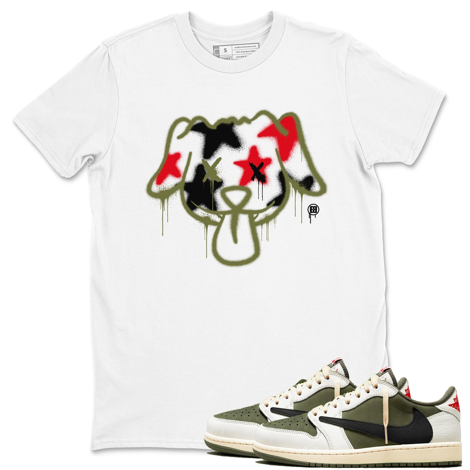 1s Travis Scott Medium Olive shirts to match jordans Graffiti Dog sneaker match tees Air Jordan 1 Travis Scott Medium Olive SNRT Sneaker Tees streetwear brand White 1 unisex cotton tee