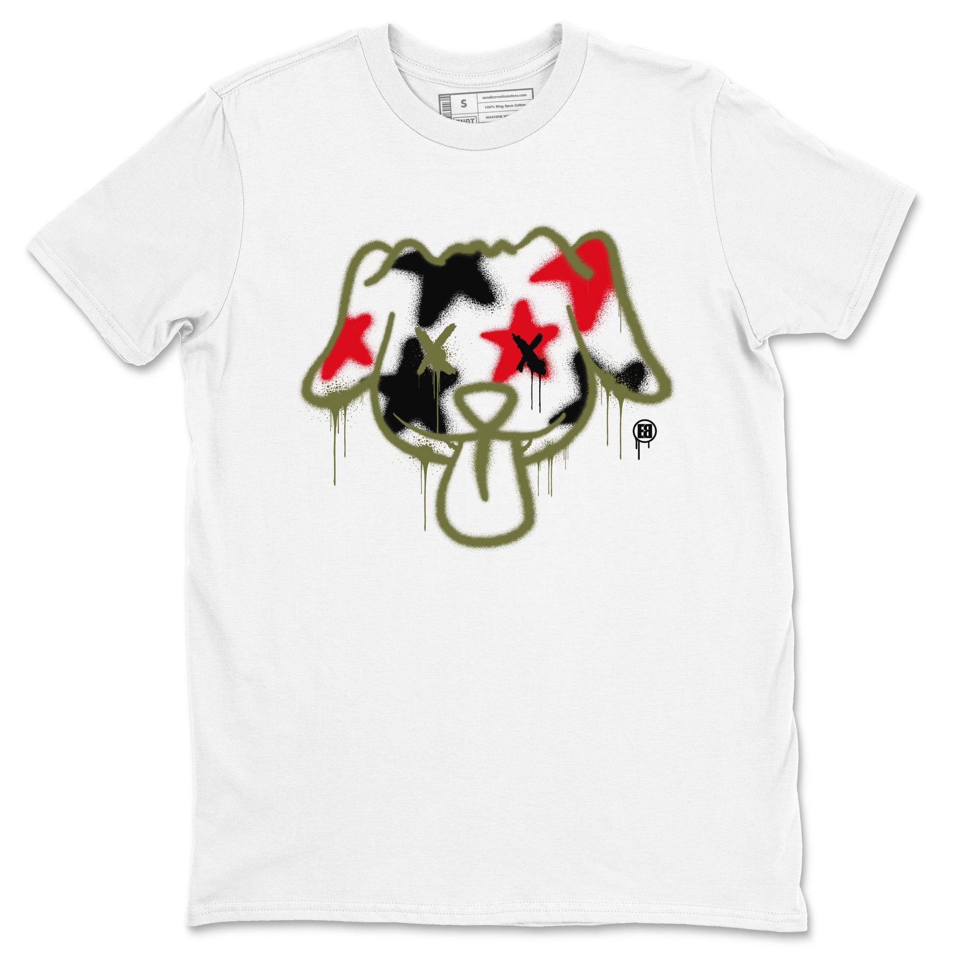 1s Travis Scott Medium Olive shirts to match jordans Graffiti Dog sneaker match tees Air Jordan 1 Travis Scott Medium Olive SNRT Sneaker Tees streetwear brand White 2 unisex cotton tee