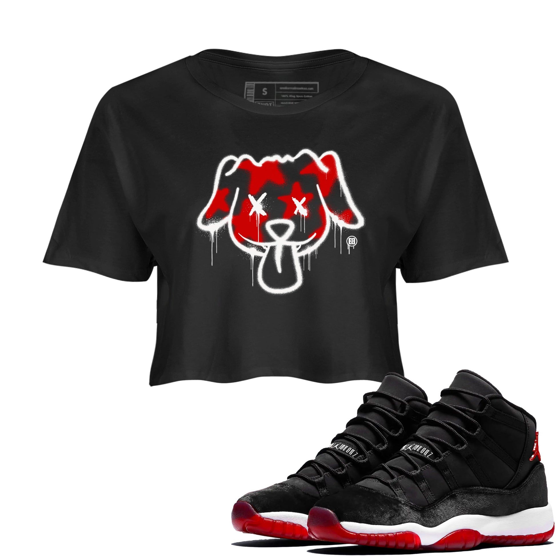 11s Bred Velvet shirts to match jordans Graffiti Dog sneaker match tees Air Jordan 11 Bred Velvet match shoes to clothes SNRT Sneaker Tees unisex cotton Black 1 crop tee