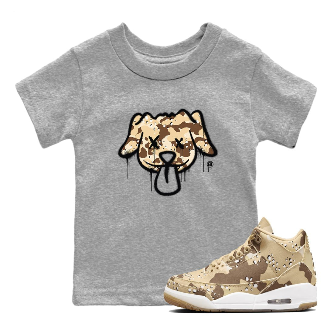 WNBA x Air Jordan 3 “Desert Camo” shirts to match jordans Graffiti Dog sneaker match tees Air Jordan 3 Desert Camo SNRT Sneaker Release Tees Clothing Sneakerhead ShirtsBaby and Youth Heather Grey 1 cotton tee